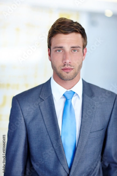 Obraz Portrait, businessman and office with confidence, suit and pride as accountant for financial agency. Male person, professional and serious for investment opportunity, portfolio and banking in company