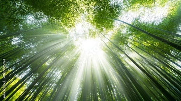 Fototapeta Serene Bamboo Grove in Ancient Medieval Japan with Sunlight Filtering Through Tall Stalks Creating Magical Atmosphere and Soft Shadows - Ultra-Detailed Landscape Photo