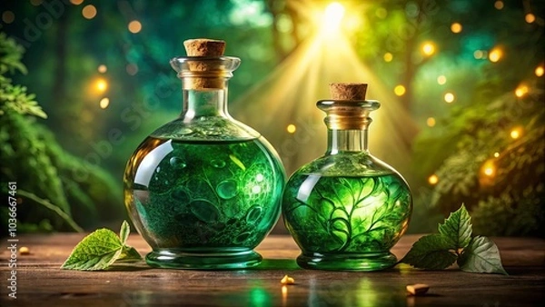 Fototapeta Enchanted Forest Elixirs Two Glass Bottles Filled with Glowing Green Liquid Rest on a Wooden Table in a Mystical Setting Surrounded by Lush Foliage and Soft, Golden Light