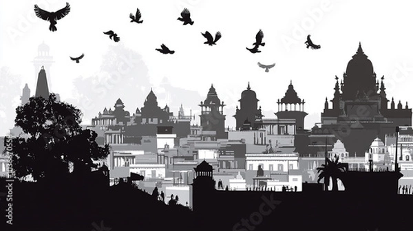 Fototapeta cityscape of Hindu religious  black and white silhouette vector illustration on white background