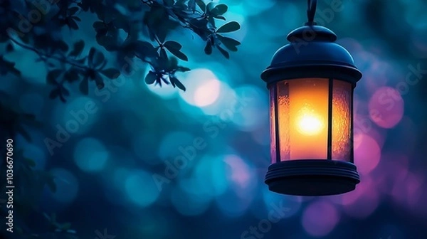 Fototapeta A glowing lantern hangs from a tree branch in a forest setting, with a soft, colorful background bokeh.