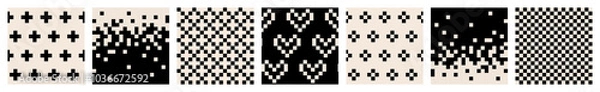 Obraz Big set of abstract modern seamless black and white pixel patterns of hearts, transitions, diamonds, checkerboard patterns, flat style