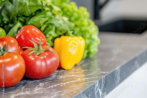Fototapeta Fresh Vegetables on a Marble Countertop A Colorful Display of Tomatoes and Peppers