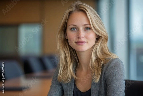 Obraz Female office worker  sitting in board room, Generative AI