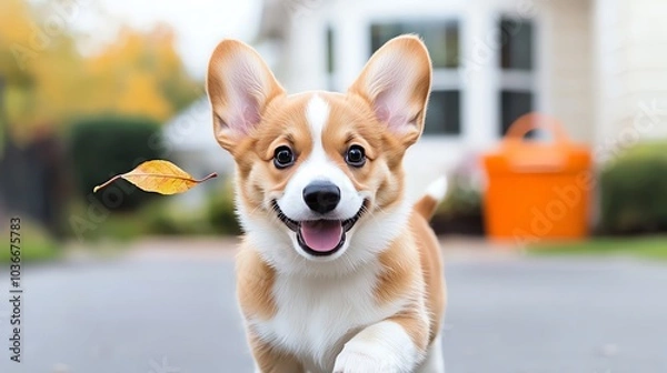 Fototapeta Happy corgi running outdoors with a leaf in its mouth, vibrant autumn background.