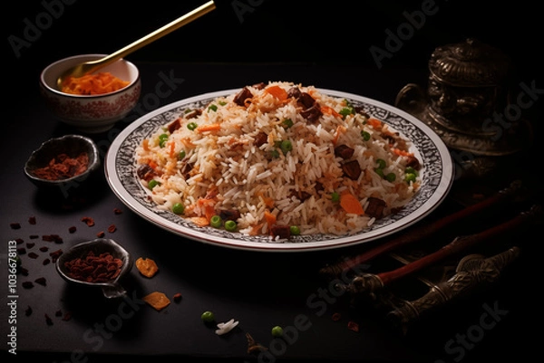 Fototapeta A detailed close-up of Manchurian rice with vibrant sauce-coated veggie balls resting on fragrant rice, steam gently rising, emphasizing the textures and glossy finish