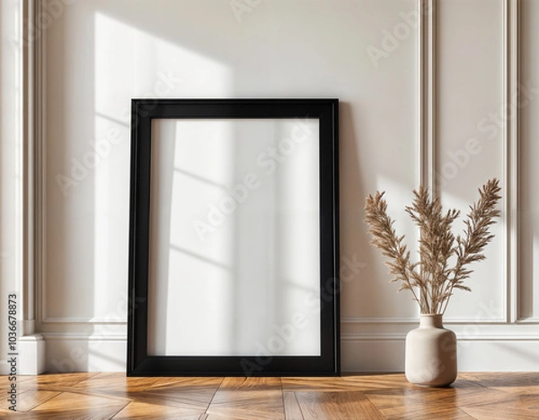 Fototapeta Empty Black Picture Frame on Wooden Floor