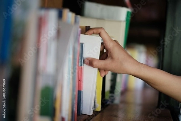 Obraz Male hand choosing and picking white book on wooden bookshelf in public library. Education research and self learning in university life concepts