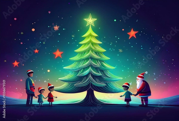 Obraz クリスマスツリーと子供たち、サンタクロースと共に