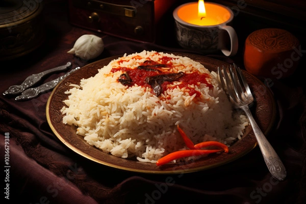 Fototapeta A detailed close-up of Manchurian rice with vibrant sauce-coated veggie balls resting on fragrant rice, steam gently rising, emphasizing the textures and glossy finish