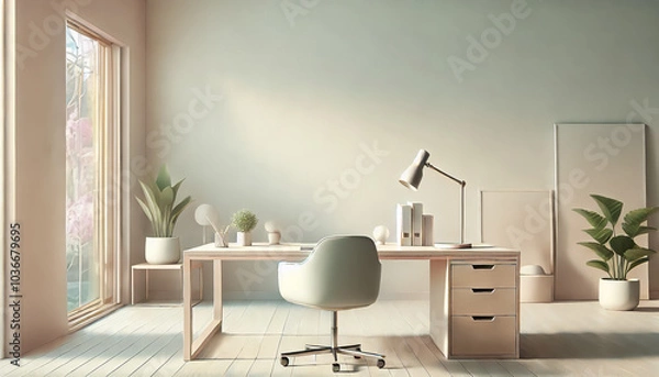 Fototapeta A serene, pastel-toned modern office featuring sleek furniture, soft lighting, and a blurred background.