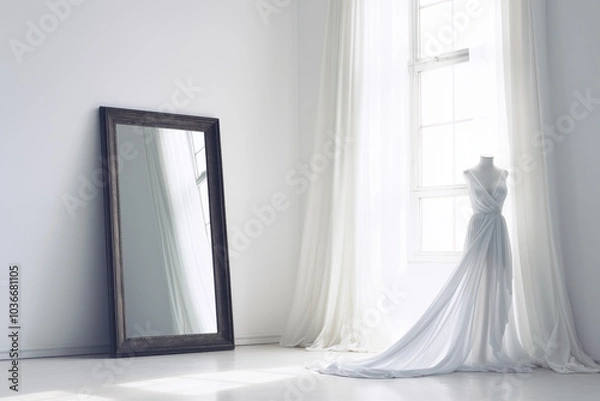 Fototapeta A sleek, frameless mirror in a white dressing room with subtle lighting, white dress hanging on wall ,surrounded by minimal furniture and a soft carpet, evoking elegance and simplicity.