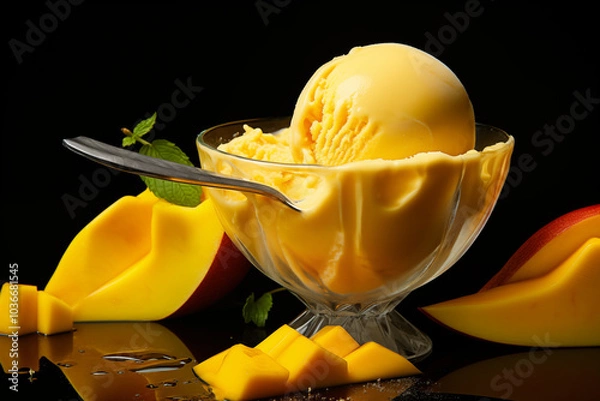 Fototapeta A scoop of smooth mango ice cream placed in a small white bowl, with fresh mango cubes neatly arranged on the side, shot on a plain white background