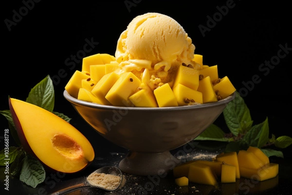Fototapeta A scoop of smooth mango ice cream placed in a small white bowl, with fresh mango cubes neatly arranged on the side, shot on a plain white background