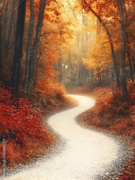 Fototapeta Winding Autumn Forest Trail in Soft Photographic Style