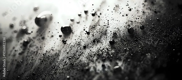 Fototapeta Abstract close-up of water droplets on a dark surface, creating a dramatic contrast. The interplay of light and shadow adds depth and texture to the image.