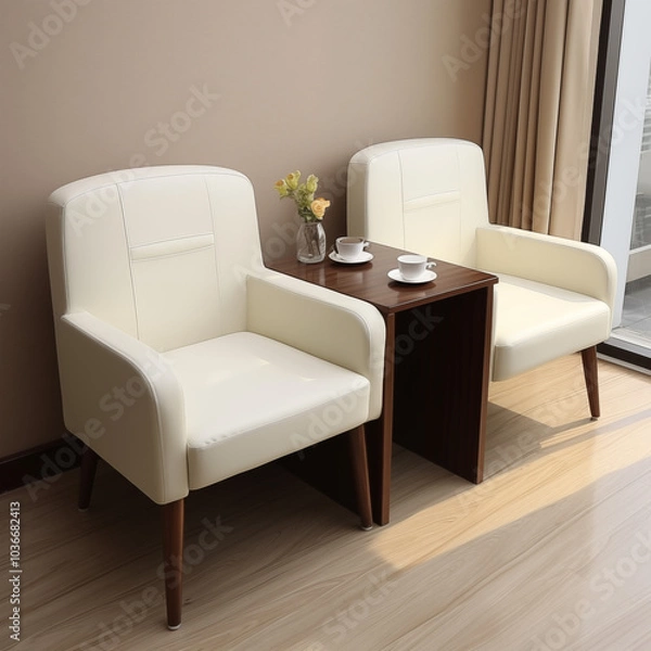 Fototapeta A sleek, modern yellow,black and white armchairs with clean lines and soft beige upholstery, placed in a bright white room with minimal decor