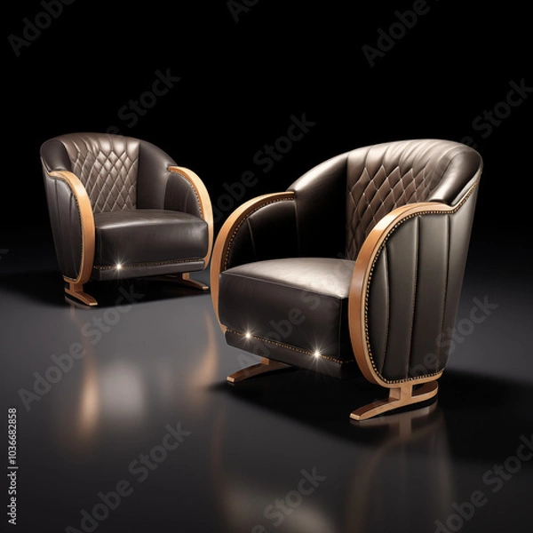 Fototapeta A sleek, modern yellow,black and white armchairs with clean lines and soft beige upholstery, placed in a bright white room with minimal decor