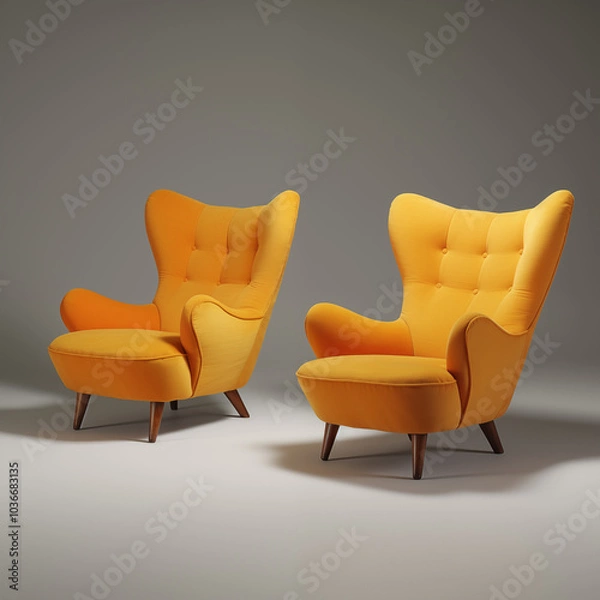 Fototapeta A sleek, modern yellow,black and white armchairs with clean lines and soft beige upholstery, placed in a bright white room with minimal decor
