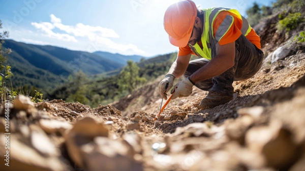 Fototapeta geotechnical engineer is carefully examining soil samples in mountainous area, showcasing dedication and precision in their work. bright sunlight enhances natural beauty of landscape