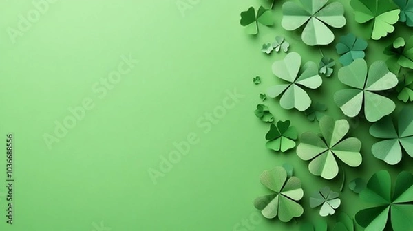 Obraz Modern St Patrick's Day banner featuring minimalist paper art clovers on a fresh green background designed with copy space for adding cheerful holiday messages