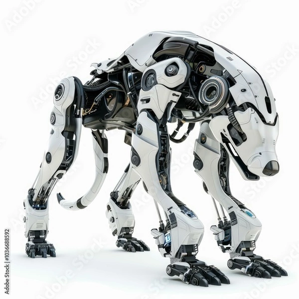 Fototapeta White futuristic robot dog with exposed mechanisms stands on a white background