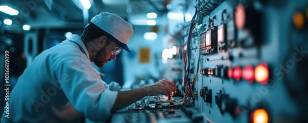 Fototapeta Diagnosing electrical failure, marine engineer focuses intently on control panels filled with lights and wires, showcasing complexity of maritime engineering