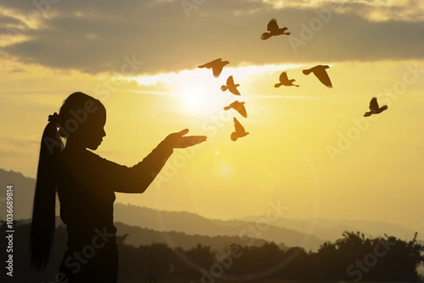 Fototapeta A silhouette girl release flock of pigeons flying out