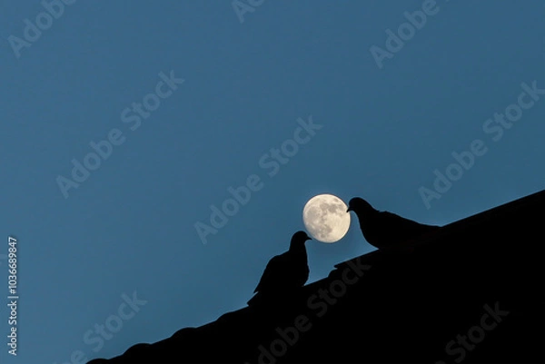 Fototapeta Silhouette couple of pigeon with full moon