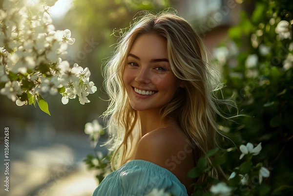 Obraz Beautiful blonde woman smiling and looking at the camera in front of white flowers.