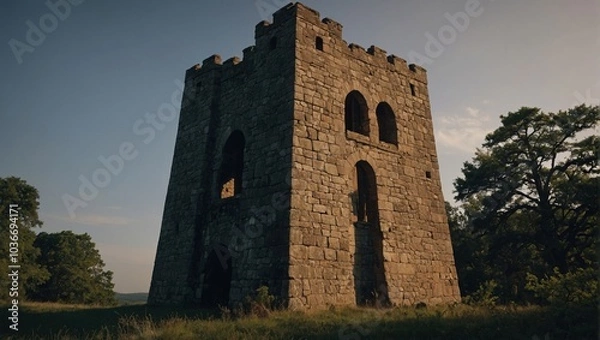 Fototapeta Visitors marvel at the craftsmanship of the historic archer tower