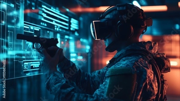 Obraz Soldier testing VR technology. 