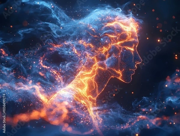 Obraz A mesmerizing digital art representation of a woman's profile, where her hair and aura are transformed into swirling orange and blue particles, creating a mystical atmosphere.