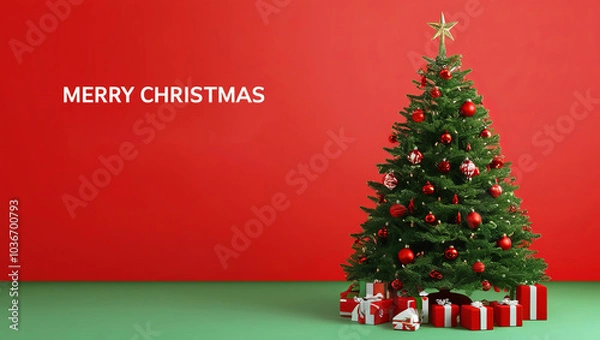 Fototapeta Red Christmas tree illustration with star and ball ornaments for holiday card