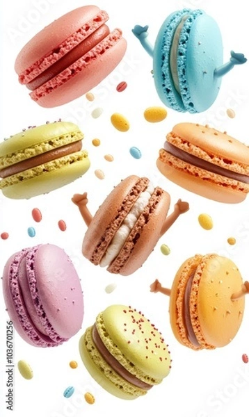 Obraz Playful Macarons with Arms and Faces in Cute Cartoon Style