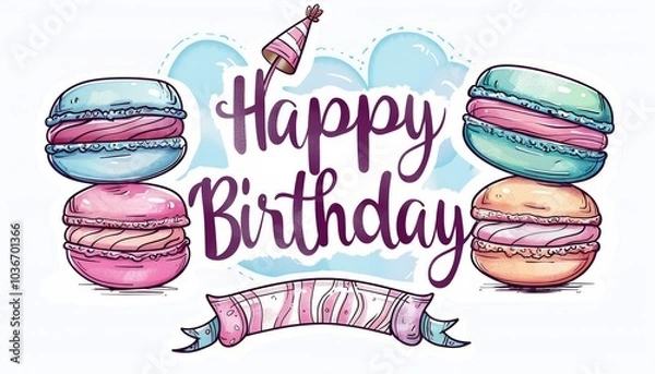 Obraz Hand-Drawn Birthday Macarons with Party Hat and Banner