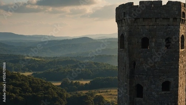 Fototapeta The archer tower stands as a sentinel over the peaceful land