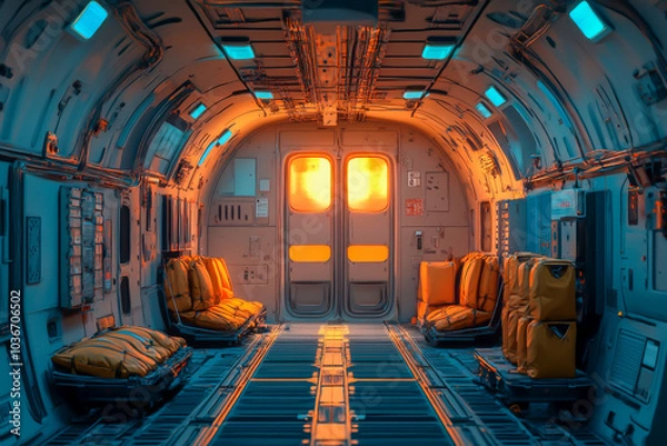 Obraz A futuristic space shuttle with yellow seats and orange lights. The interior is empty and the only people visible are the ones in the seats