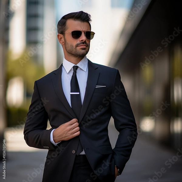 Fototapeta A dapper handsome businessman posing in a modern office environment, dressed in a crisp business suit with a confident expression, conveying professionalism and succes