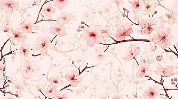 Fototapeta Delicate Pink Cherry Blossom Floral Pattern on Soft Pastel Background