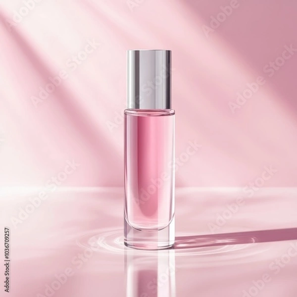Fototapeta A sleek glass bottle of facial serum with a glossy finish, isolated on a light pink surface with soft, elegant reflections