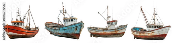 Fototapeta Fishing boat - Common sight along the coast, representing the fishing industry Isolated on Clear White Background Highly Detailed 
