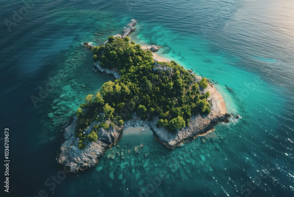 Fototapeta Stunning aerial view of a tropical island. Clear turquoise waters and white sandy beaches.