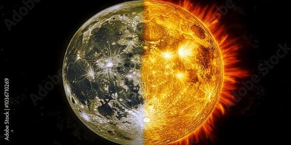 Fototapeta A close up of a sun and moon with the sun being yellow and the moon being black. The sun is on the right side of the moon, creating a striking contrast between the two celestial bodies