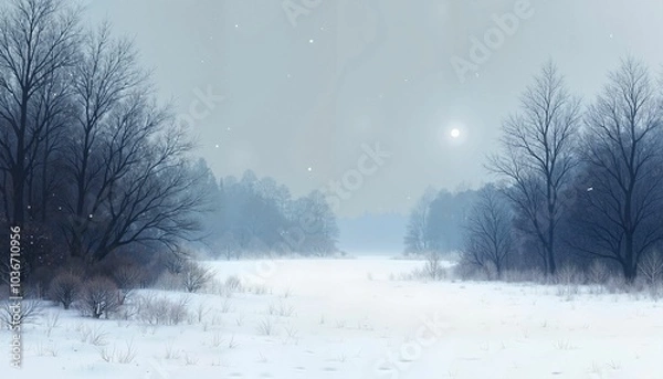 Fototapeta Misty winter forest landscape with snow-covered field and ethereal atmosphere
