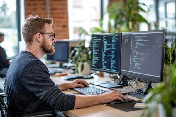 Obraz Male professional with manager working on computer, Generative AI