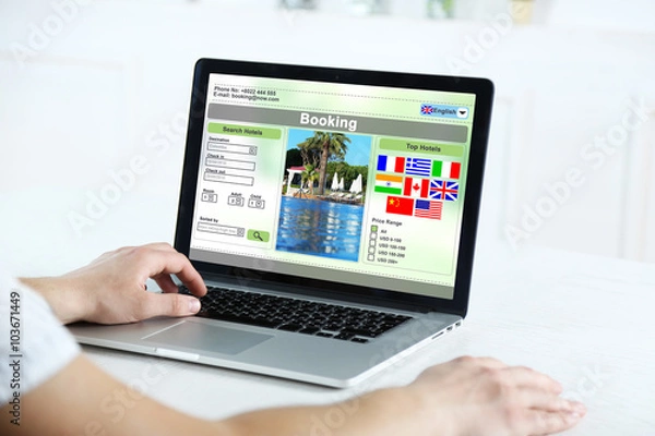 Obraz Man using laptop to book hotel online