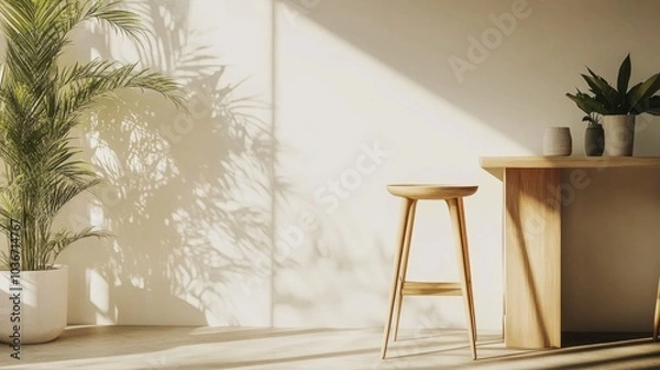 Fototapeta A light-toned bar stool with a wooden seat stands beside a compact modern table in a stylish living space