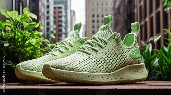 Fototapeta A pair of light green sneakers with a mesh design, sitting on a wooden surface.