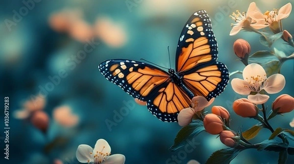 Obraz Turquoise blue backdrop featuring soft petals spring blossoms and a butterfly perched delicately on a petal Framed as a natureinspired spring design with ample space for text and a serene feel